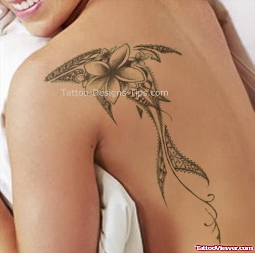 Shark And Flower Tattoo On Left Back Shoulder