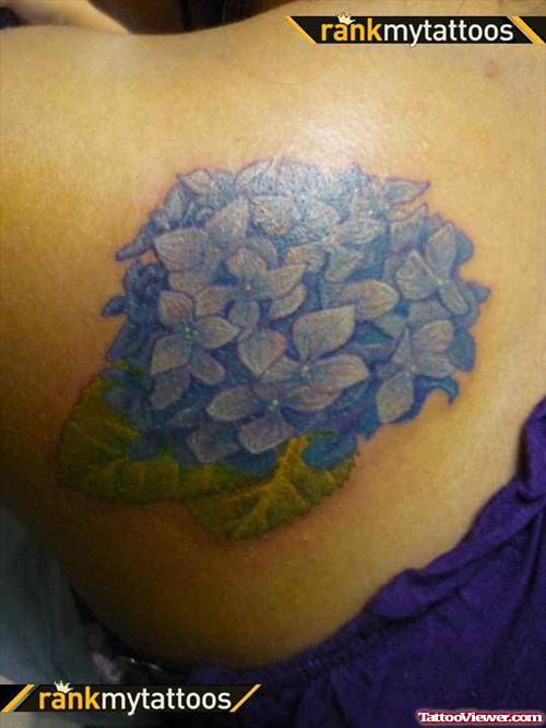 Grey Ink Flowers Feminine Tattoo On Back SHoulder