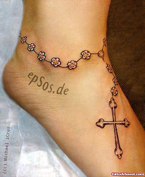 Rosary Cross Feminine Tattoo On Ankle