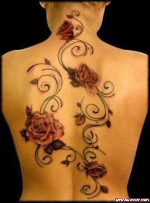 Red Flowers Feminine Tattoo On Back