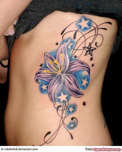 Feminine Stars And Flower Tattoo On Side Rib