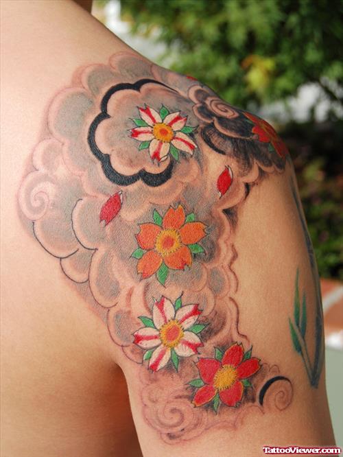 Colored Cherry Blossom Flowers Feminine Tattoo On Shoulder