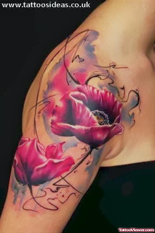 Red Tulip Flowers Feminine Tattoo On Shoulder