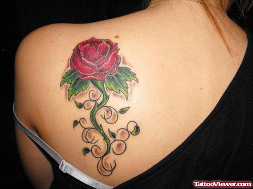 Red Rose Feminine Tattoo On Back Shoulder