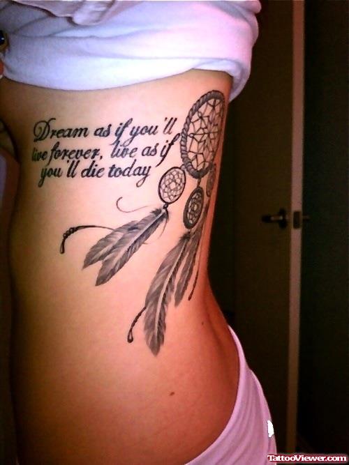 Lettering And Dreamcatcher Feminine Tattoo On Side Rib