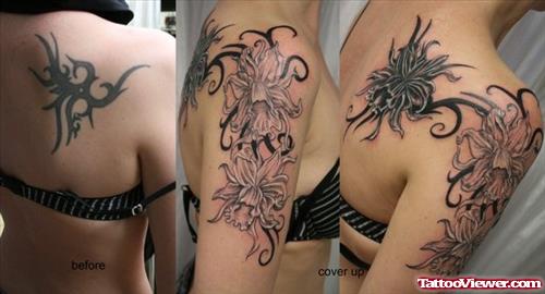 Tribal And Flowers Tattoos On Right Half Sleeve