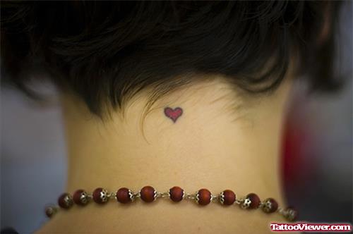 Tiny Red Heart Feminine Tattoo On Nape