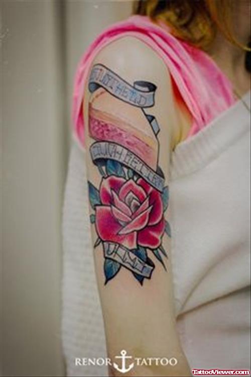 Red Rose And Banners Feminine Tattoo