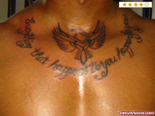 Grey Ink Flying Bird And Lettering Tattoo On Necklace