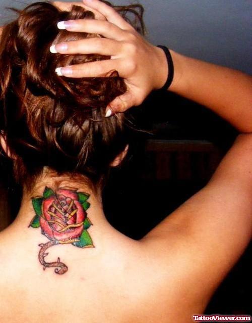 Red Rose Flower Feminine Tattoo On Nape
