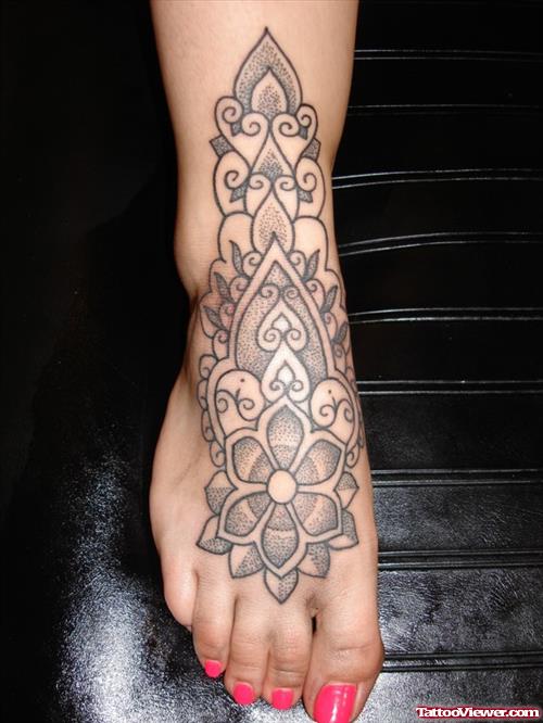 Grey Ink Geometric Dotwork Feminine Tattoo On Foot
