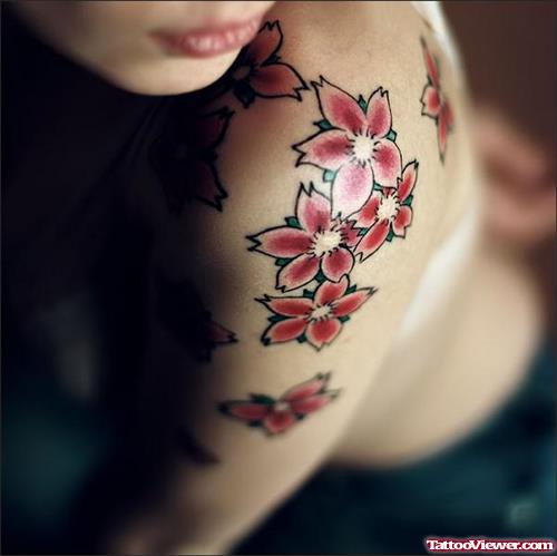 Sakura Feminine Tattoo On Left Half Sleeve