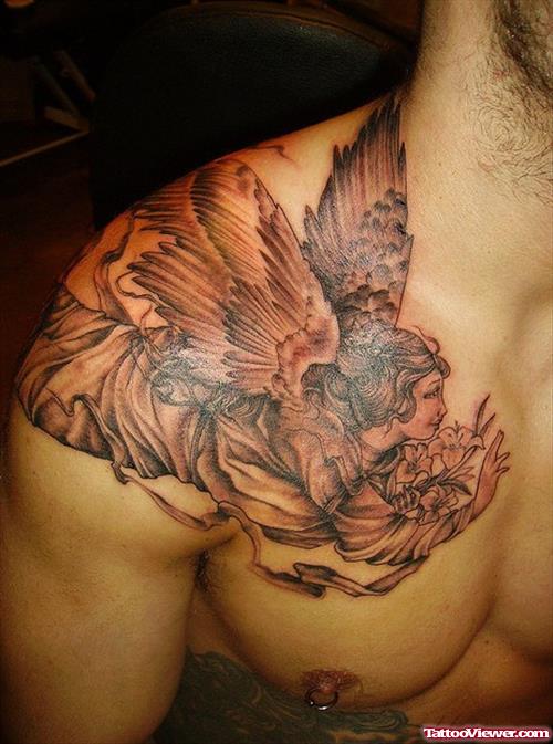 Grey Ink Flying Angel Tattoo On Collarbone