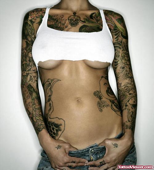 Grey Ink Feminine Tattoos On Full Body