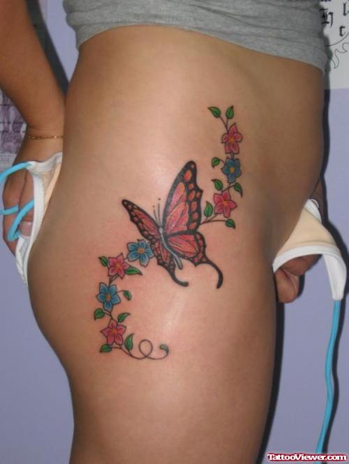 Flowers And Butterfly Feminine Tattoo