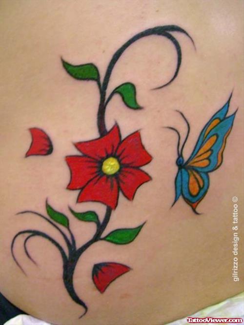 Red Flower And Blue Butterfly Feminine Tattoo