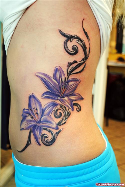 Purple Flowers Feminine Tattoo On Side