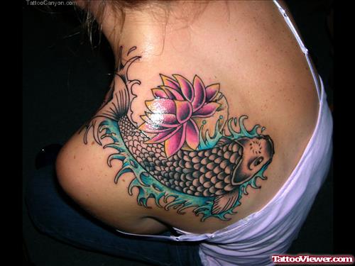 Lotus Flower And Koi Feminine Tattoo On Back Shoulder