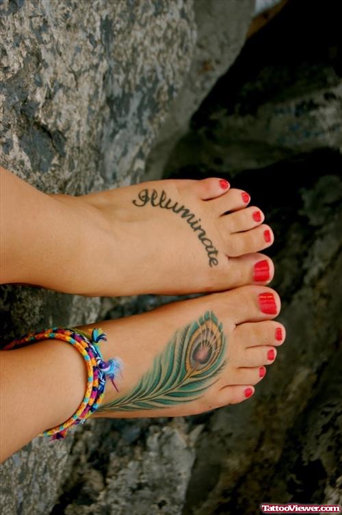 Illuminati And Peacock Feather Feminine Tattoos On Both Feet