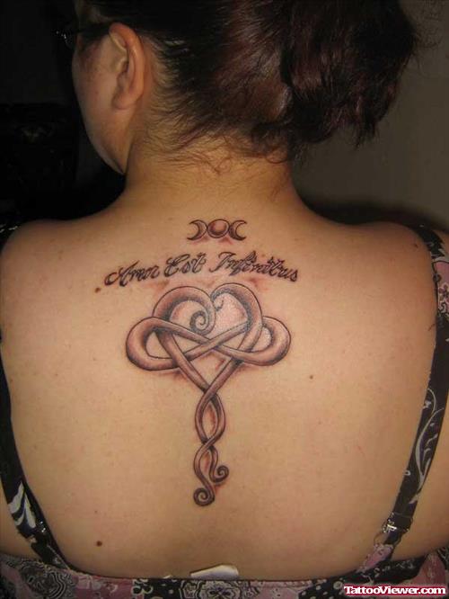 Grey Ink Heart Feminine Tattoo On Upperback