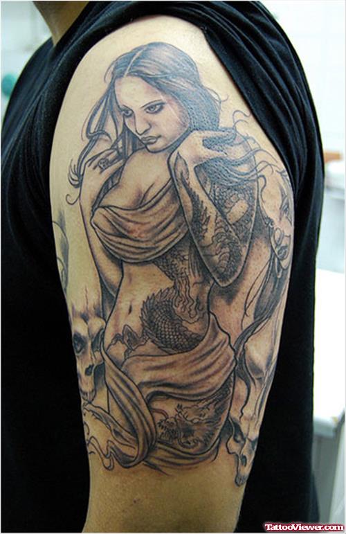 Grey Ink Feminine Girl Tattoo On Half Sleeve