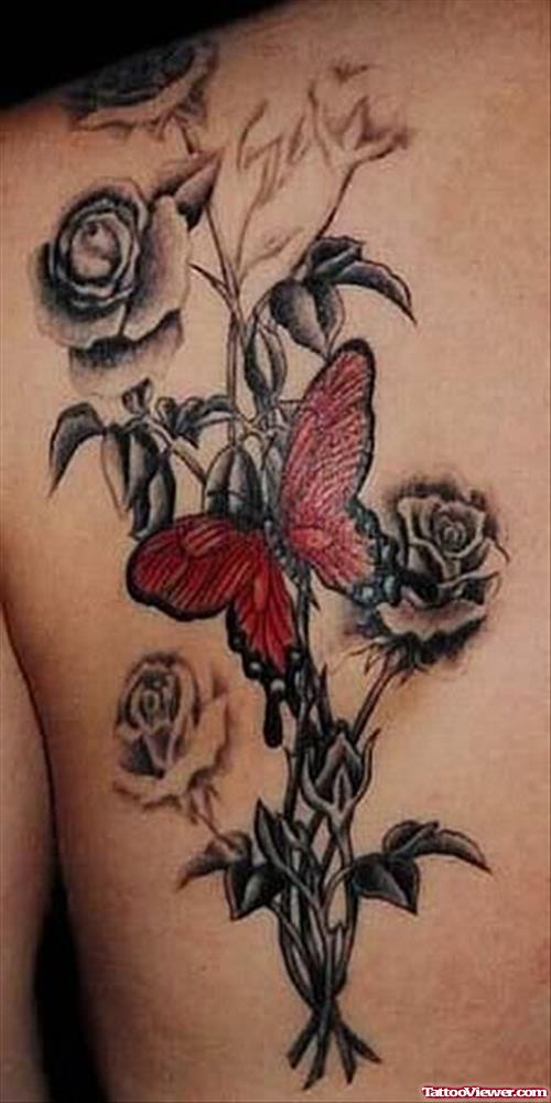 Grey Flowers And Butterfly Feminine Tattoo