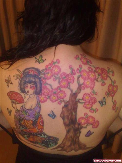 Geisha And Flowers Tree Feminine Tattoo on Back