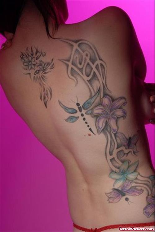 Flowers And Butterfly Feminine Tattoo On BAck