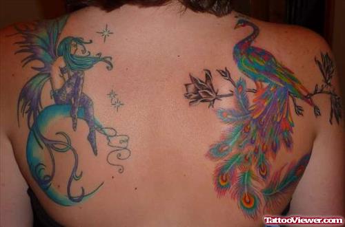 Moon And Fairy And Colored Peacock Feminine Tattoo On Back