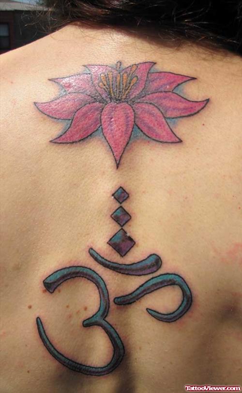 Lotus Flower And Om Religious Symbol Feminine Tattoo On Back