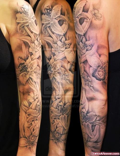 Grey Ink Flowers Feminine Tattoo On Sleeve