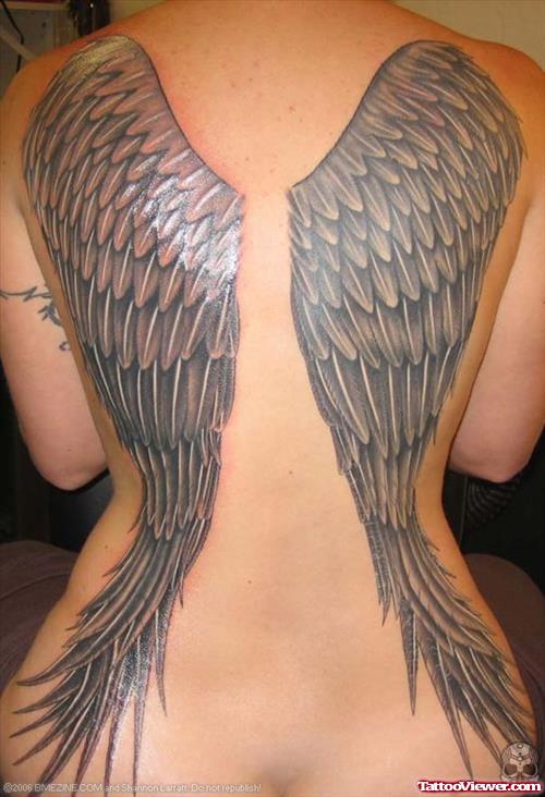 Grey Ink Angel Wings Feminine Tattoo On Back