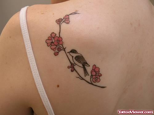 Bird And Flowers Feminine Tattoo On Left Back Shoulder
