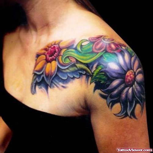 Colored Flowers Feminine Tattoo On Left Shoulder