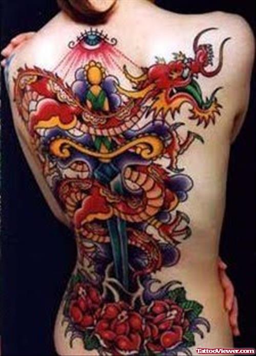 Colored Dragon And Dagger Feminine Tattoo On Back Body