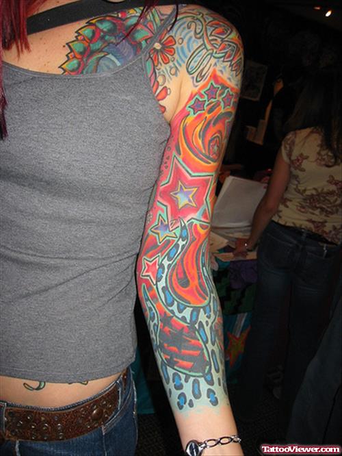 Feminine Tattoo On Girl Left Sleeve