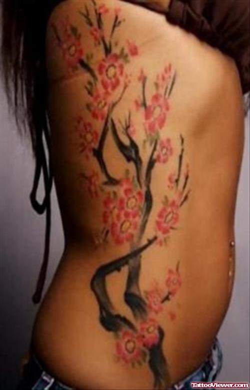 Cherry Blossom Flowers Tree Feminine Tattoo Rib Side