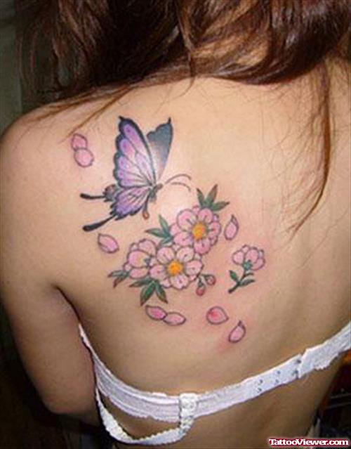 Butterfly And Flowers Tattoos On Girl Back Shoulder