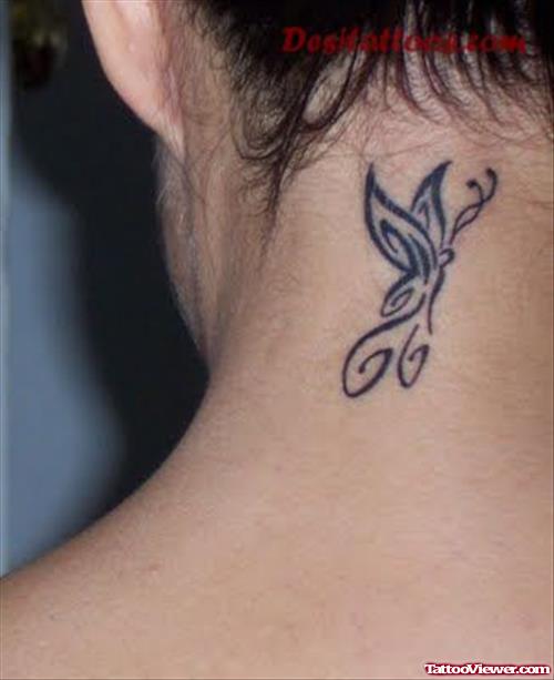 Black Ink Tribal Butterfly Feminine Tattoo On Nape