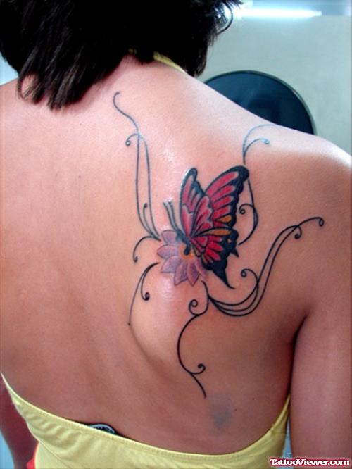 Colored Butterfly Tattoo On Right Back Shoulder
