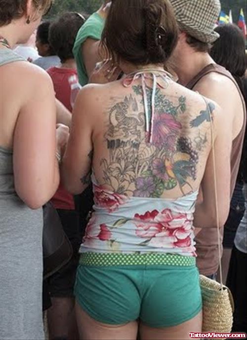 Feminine Tattoo On Girl Full Back