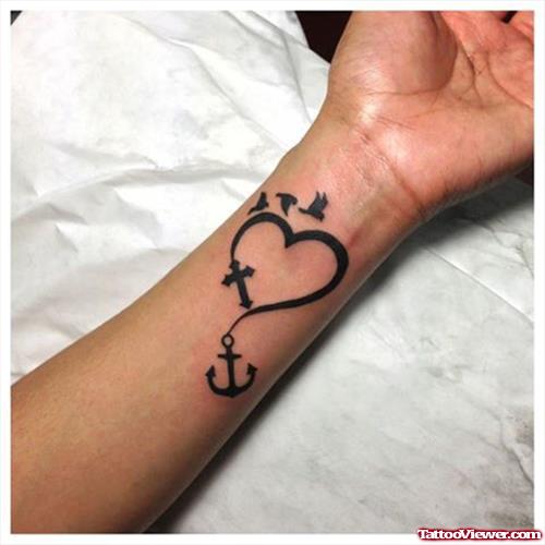 Cross Heart And With Anchor Feminine Tattoo