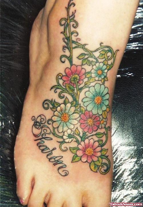 Colored Flowers Feminine Tattoo On Right Foot