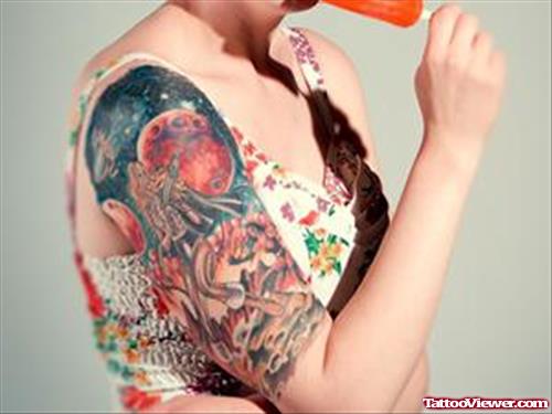 Amazing Feminine Tattoo On Girl Right Half Sleeve