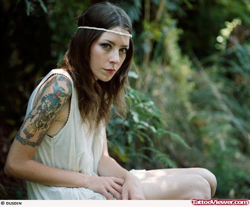 Colored Feminine Tattoo On Half Sleeve