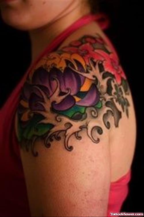 Amazing Colored Flowers Feminine Tattoo On Left Shoulder