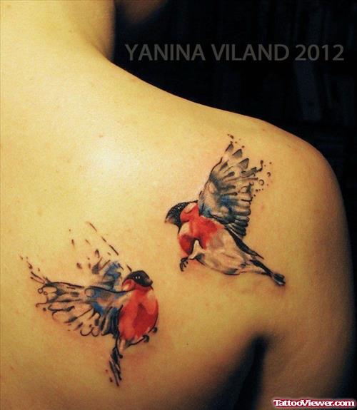 Colored Flying Birds Feminine Tattoo On Back Shoulder