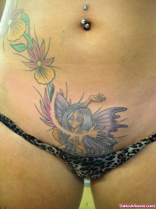 Colored Feminine Tattoo On Belly