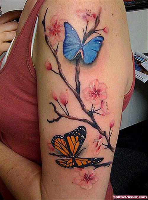Color Butterflies And Cherry Blossom Tree Feminine Tattoo On Half Sleeve