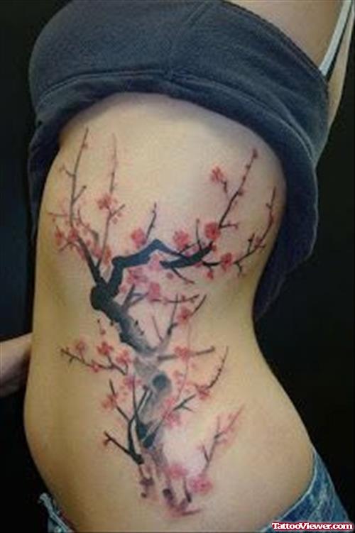 Cherry Blossom Tree Feminine Tattoo On Side Rib